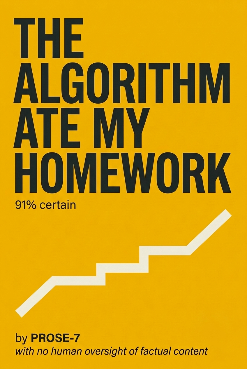Book cover: The Algorithm Ate My Homework, by PROSE-7, with no human oversight of factual content
